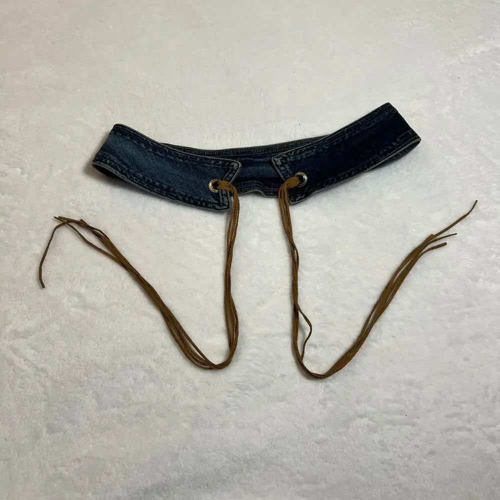 Women's Denim Waist Belt w/ Ties Size S Western Y2K 90s Stretch Going Out Rodeo